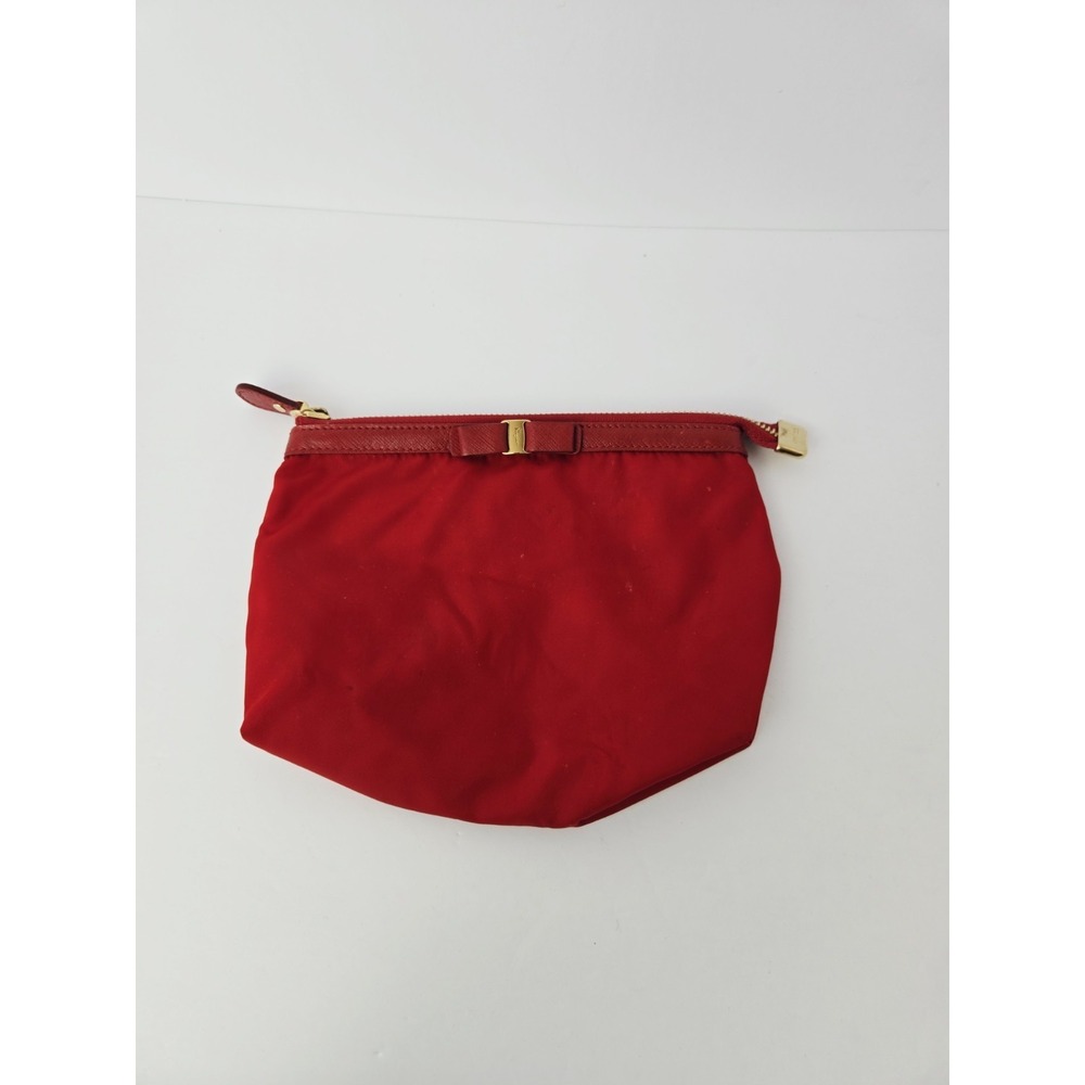 Salvatore Ferragamo red bow makeup cosmetic bag zip travel